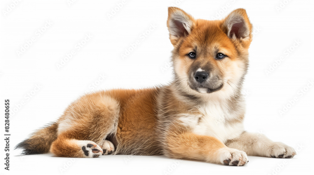 Akita Inu puppy in a full-body pose isolated on a white background, highlighting its confident stance and fluffy fur. Akita Inu puppy in a full-body pose isolated on a white background, highlighting its confident stance and fluffy fur.