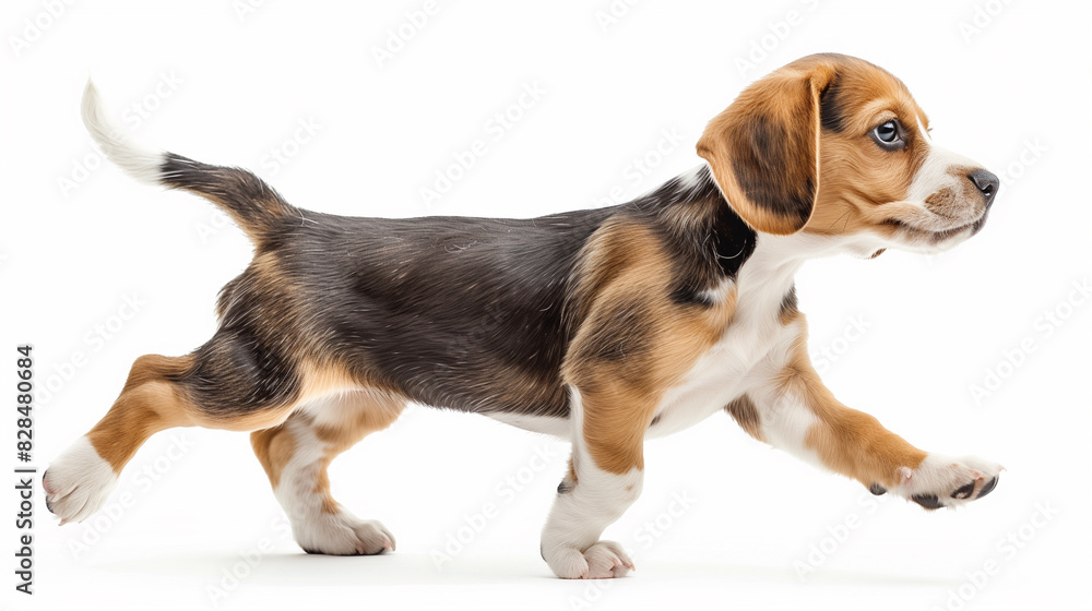A playful Beagle puppy in a full-body stance, showcasing its youthful energy and lively nature, isolated on a white background.