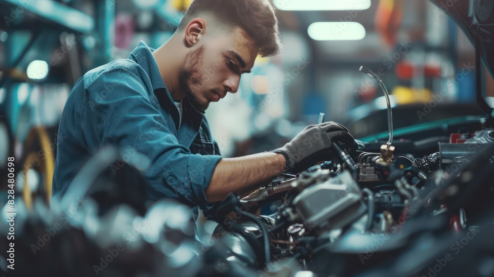 A side profile of an auto mechanic working on a car engine, with parts of the engine clearly visible and the workshop environment in the background A side profile of an auto mechanic working on a car engine, with parts of the engine clearly visible and the workshop environment in the background