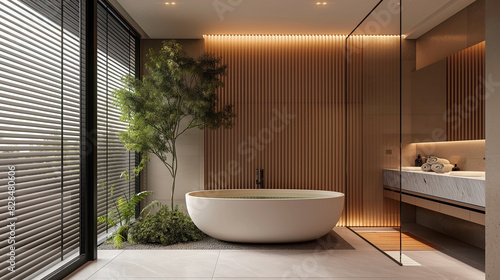 Bathroom interior with a large window in beige shades with plants