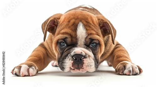 An angry-looking Bulldog puppy isolated on a white background, emphasizing its wrinkled face and expressive eyes. © NaphakStudio