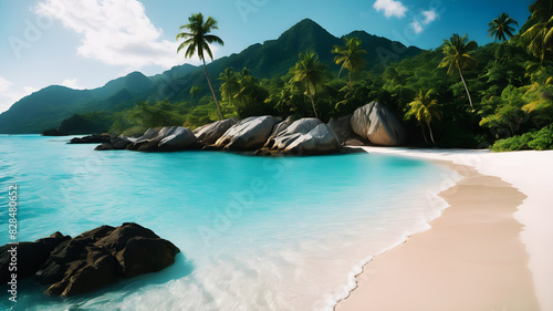 A pristine tropical beach with wood bed white sand and crystal-clear turquoise water. Palm trees line the shore, gently swaying in the breeze. The sky is bright blue with a few fluffy clouds,