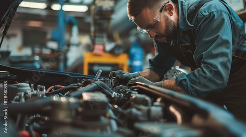 A side profile of an auto mechanic working on a car engine, with parts of the engine clearly visible and the workshop environment 