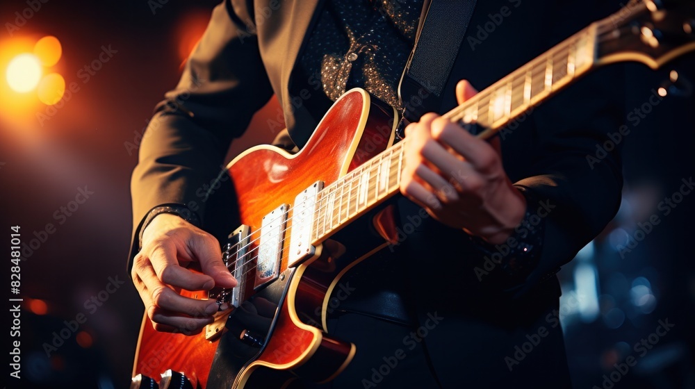 Obraz premium A man happily playing guitar on stage