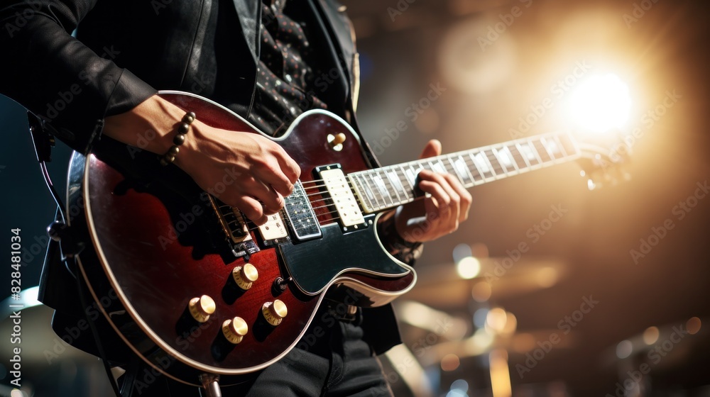 Fototapeta premium A man happily playing guitar on stage