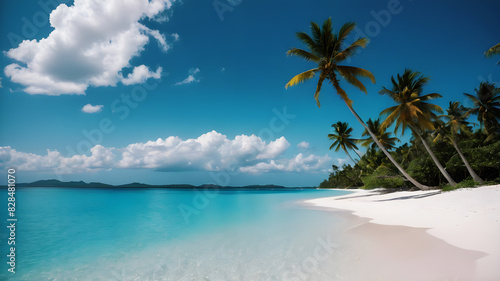 A pristine tropical beach with wood bed white sand and crystal-clear turquoise water. Palm trees line the shore  gently swaying in the breeze. The sky is bright blue with a few fluffy clouds 