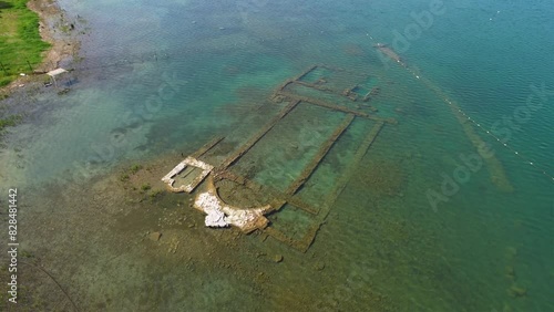 Underwater Basilica in Iznik Lake. Bursa, Turkey. Basilica of Saint Neophytos. Drone shot.