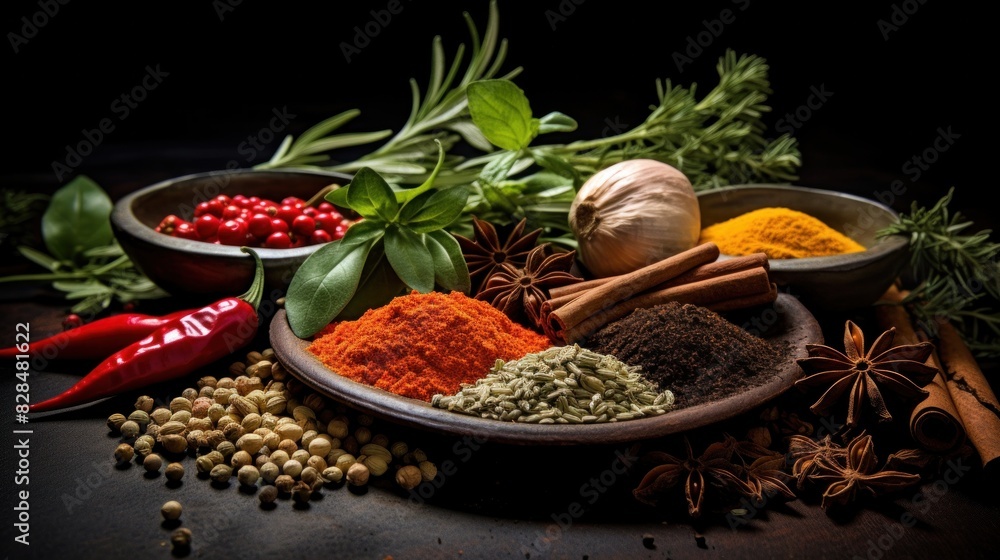 Assorted spices with fresh herbs, food, cooking Assorted spices with fresh herbs, food, cooking