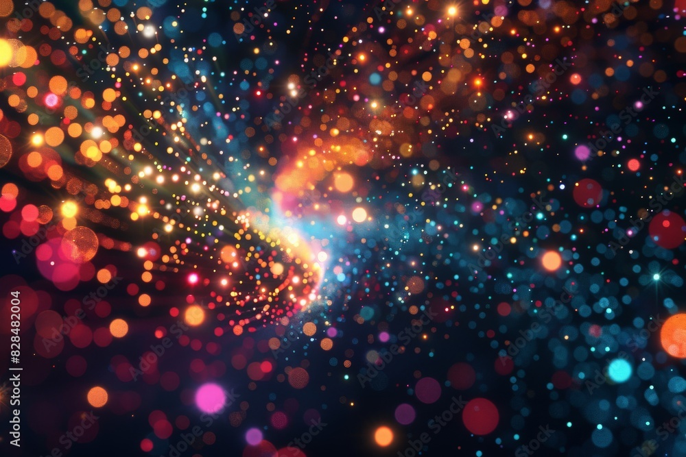 Whirlwind shining particles are moving in the black space. Bright multicolored sphere particles moves haotic and leave traces. Beautiful abstract background, three dimensional digitally generated Whirlwind shining particles are moving in the black space. Bright multicolored sphere particles moves haotic and leave traces. Beautiful abstract background, three dimensional digitally generated
