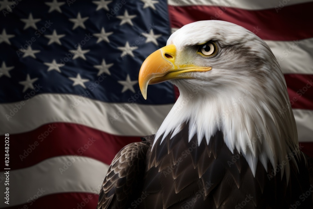 custom made wallpaper toronto digitalBald eagle with american flag gray background. Strength, unity, national day.