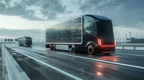A concept of a self-driving delivery truck on a highway, logistics, dynamic and dramatic compositions, with copy space