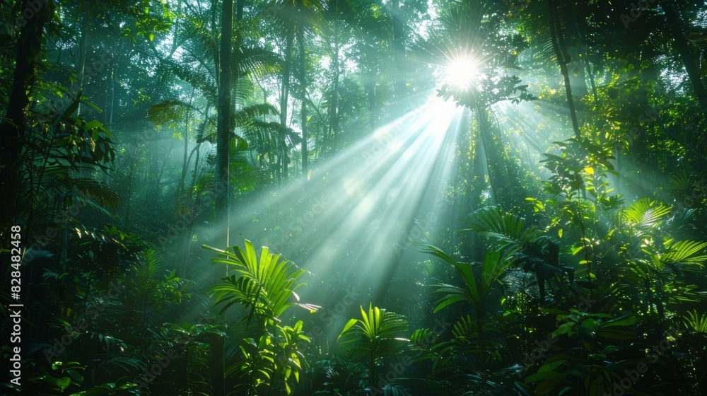 Rainforest Canopy: Capture the dense, green canopy of a rainforest with rays of sunlight piercing through, and diverse wildlife inhabiting the treetops. Emphasize the complexity and richness of this n Rainforest Canopy: Capture the dense, green canopy of a rainforest with rays of sunlight piercing through, and diverse wildlife inhabiting the treetops. Emphasize the complexity and richness of this n