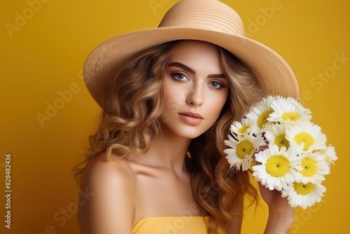 Stylish beautiful woman in yellow dress and straw hat holding daisies in romantic mood Posing on a yellow background, fashion, love, holiday, summer © ORG