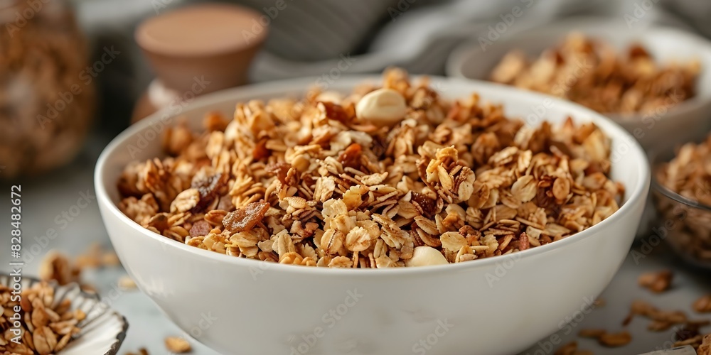 Granola spilling out of a white bowl onto a table. Concept Food Photography, Granola, Spilling, White Bowl, Table Granola spilling out of a white bowl onto a table. Concept Food Photography, Granola, Spilling, White Bowl, Table
