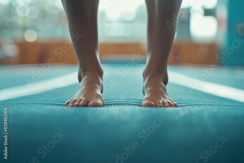 Precision Landing in Gymnastics: Close-Up of Gymnast's Feet on Blue Mat in High Definition photo