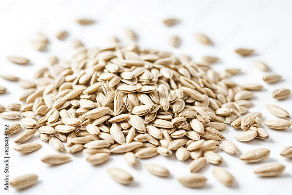 Obraz premium Close-up of Raw Sunflower Seeds on White Background
