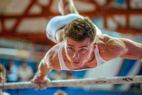 Male Gymnast Performing Pommel Horse Routine with Strength and Precision in Gymnasium Setting