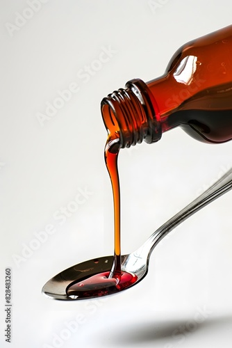 Red liquid medicine being poured from an amber bottle into the spoon on white background