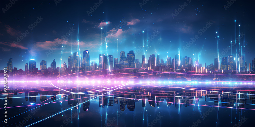 background with lights, Cyberpunk city skyline with graphs and charts Growing economy concept
