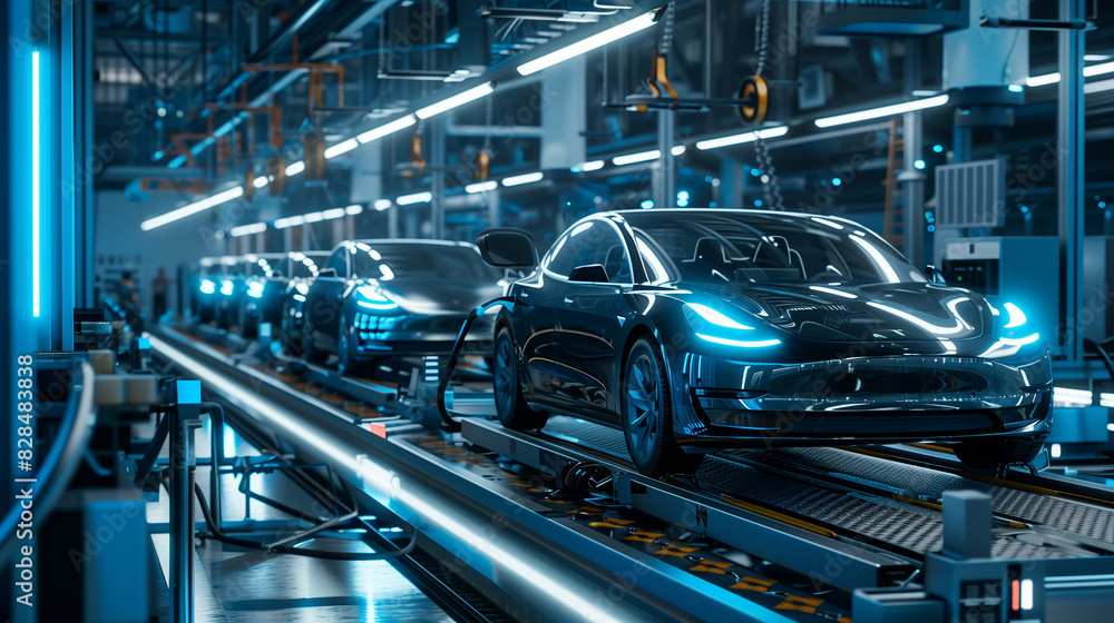 A futuristic car factory with three cars on a conveyor belt. The cars are all different colors and designs, and they are all moving along the conveyor belt. The scene is very dynamic and futuristic A futuristic car factory with three cars on a conveyor belt. The cars are all different colors and designs, and they are all moving along the conveyor belt. The scene is very dynamic and futuristic