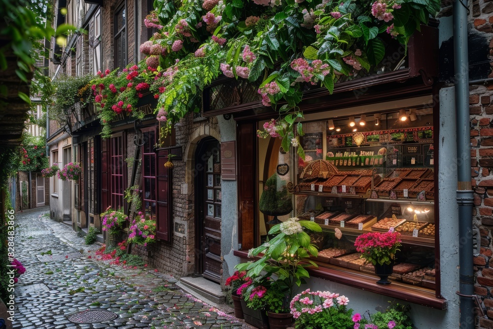 Charming European Chocolate Shop on Quaint Cobblestone Street - Ideal for Travel Brochures, Posters, and Greeting Cards