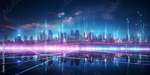 background with lights  Cyberpunk city skyline with graphs and charts Growing economy concept 