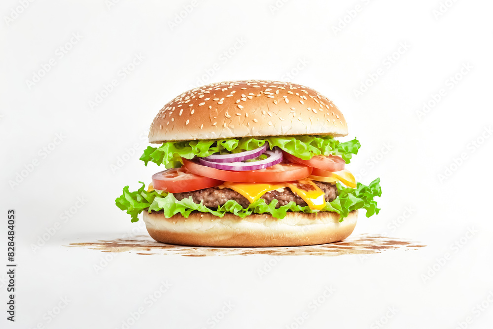 Close-up of a delicious cheeseburger on a white background Close-up of a delicious cheeseburger on a white background