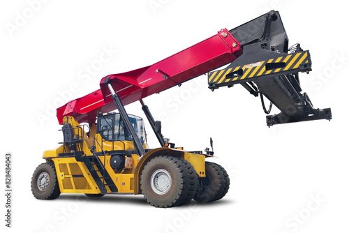 Canvas Print A yellow and red truck equipped with a crane on top, used as a terminal loader for containers