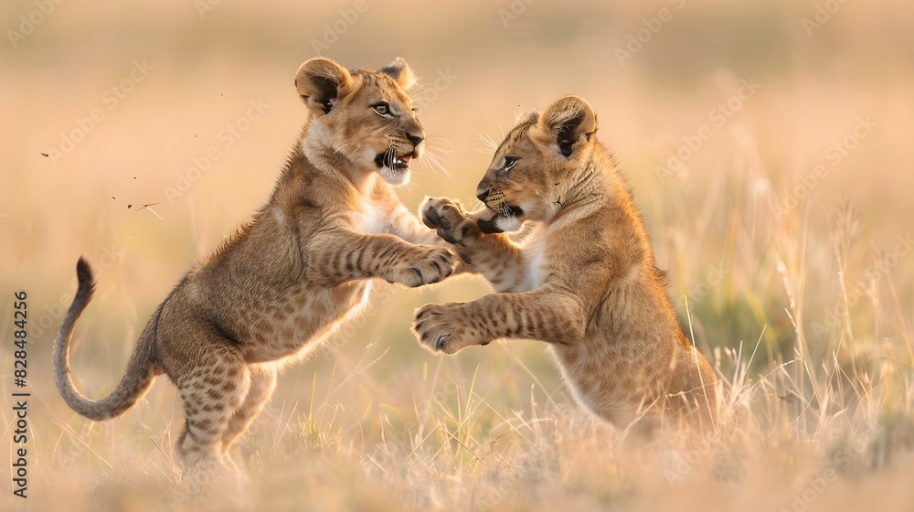 Obraz premium lion cubs playfully wrestling with each other in the tall grass of the savannah.