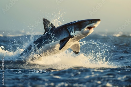 a great white shark breaching out of the water, its powerful body twisting mid-air with water spraying around it. © THE IZEL ART