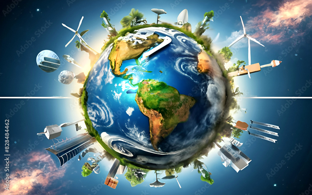 Naklejka premium A digital rendering of Earth with green energy symbols like wind turbines and solar panels, green Planet, dynamic and dramatic compositions, generated ai