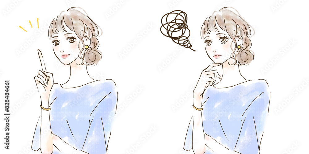 明るい表情の女性と悲しい表情をした女性のイラストセット