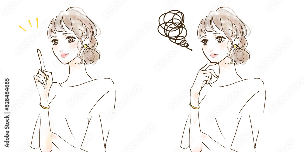 女性のイラストセット 悩みと解決 before after シンプル