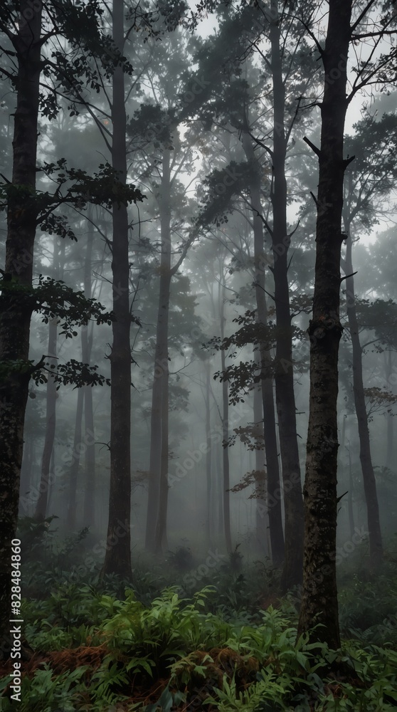 Ethereal Woodlands, Smoke and Mist Blanket the Forest in the Early Morning Haze