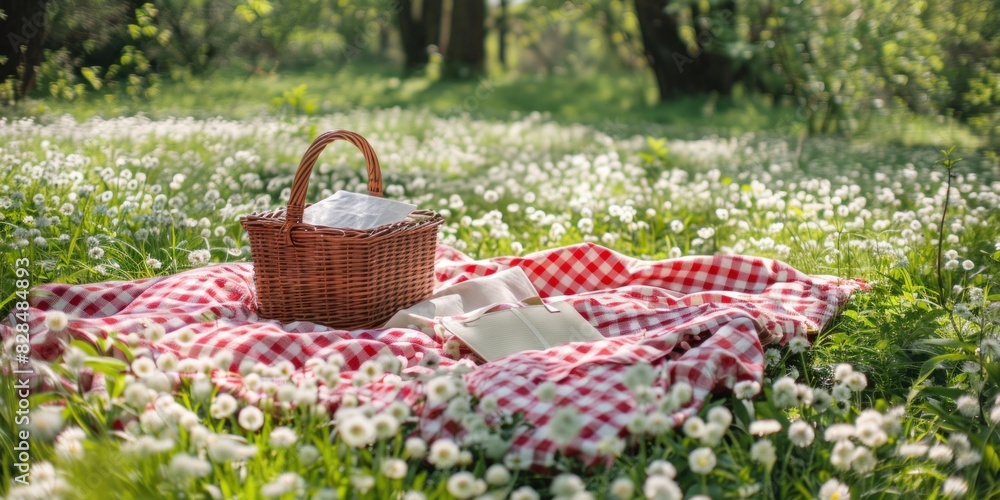 A checkered picnic blanket and an empty basket on a field of blooming flowers in bright sunlight. A checkered picnic blanket and an empty basket on a field of blooming flowers in bright sunlight.
