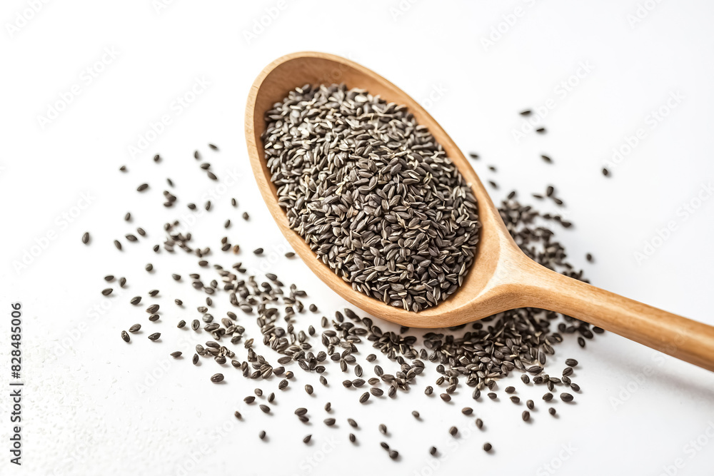 Black Chia Seeds in a Wooden Spoon Black Chia Seeds in a Wooden Spoon
