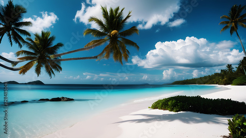 A pristine tropical beach with wood bed white sand and crystal-clear turquoise water. Palm trees line the shore  gently swaying in the breeze. The sky is bright blue with a few fluffy clouds 