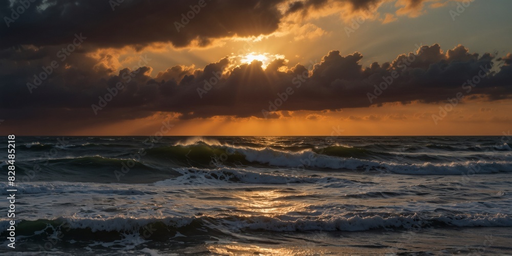 Evening sun setting over a restless, thunderous sea.