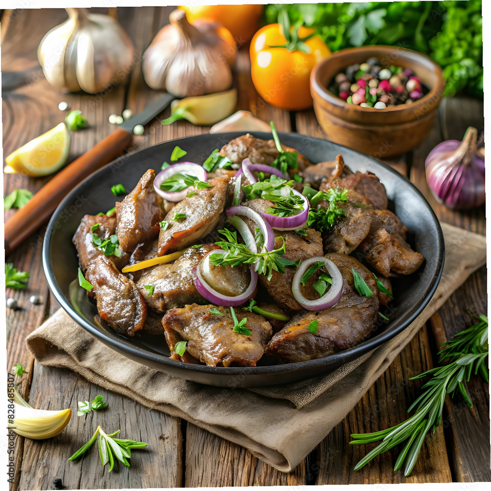 fried chicken liver with onions and he