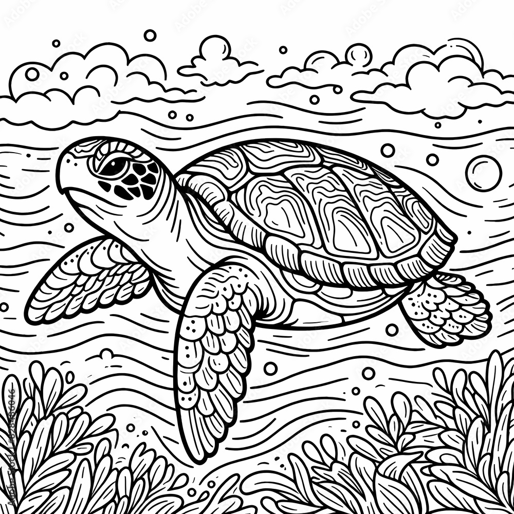 Fototapeta premium Sea Turtle in Underwater Scene - Kids' Coloring Book Page