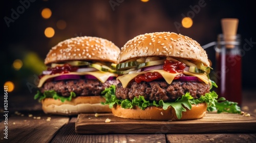 Delicious burgers on a wooden table  background  wooden wall  breakfast with text space.