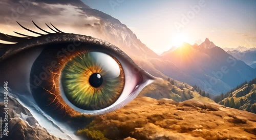Big human eye against the backdrop of a mountain landscape illustrations transformations and metamorphose video photo
