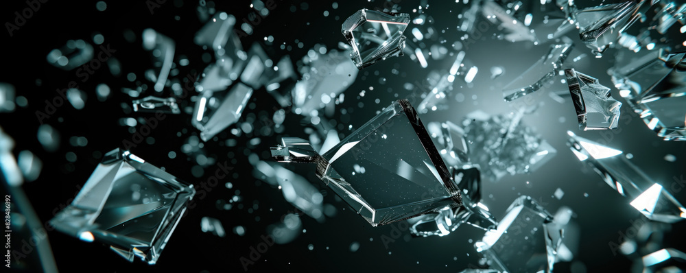 Explosive glass texture featuring shattered shards and bits of fragments in the air. Dark background contrasting with the broken pieces of glass. Motion blur and bokeh effect. Explosive glass texture featuring shattered shards and bits of fragments in the air. Dark background contrasting with the broken pieces of glass. Motion blur and bokeh effect.