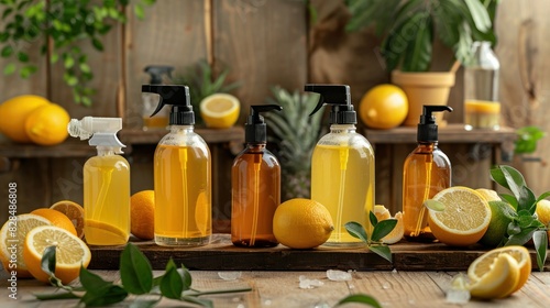 Photo of a collection of homemade cleaning products made from natural  organic ingredients.