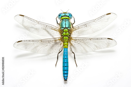 Blue Dragonfly With Spread Wings On White Background