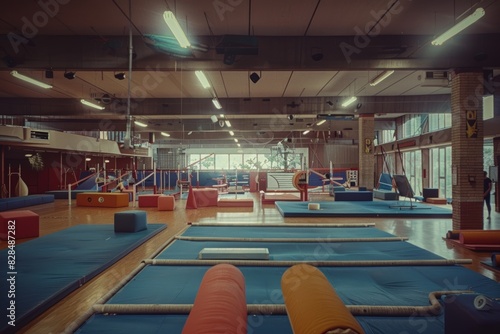 Team Gymnastics Training Session in a Gymnasium with Various Equipment and Athletes