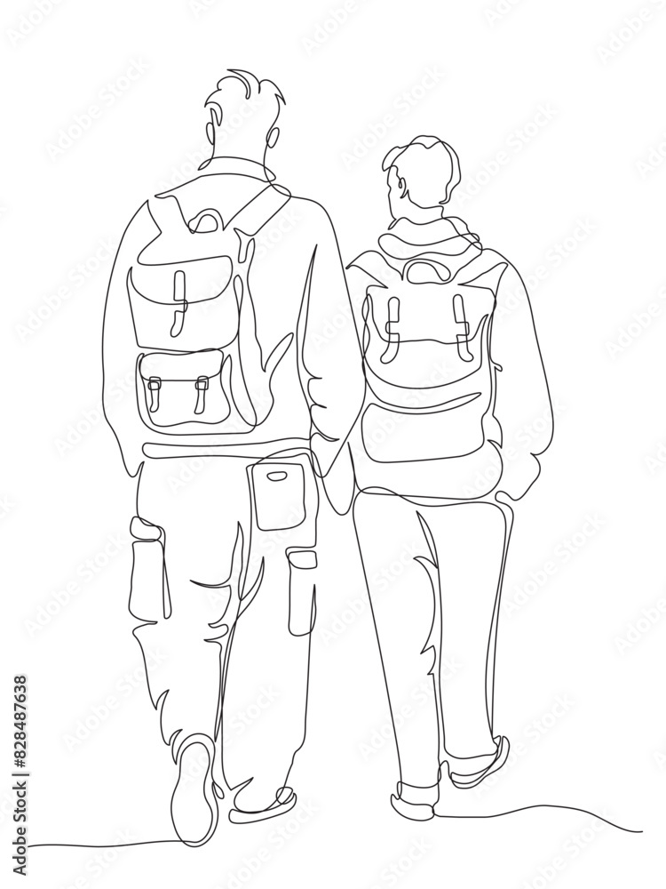 2 men tourists with backpacks walking away. Rear view. Continuous line drawing. Black and white vector illustration in line art style. 2 men tourists with backpacks walking away. Rear view. Continuous line drawing. Black and white vector illustration in line art style.