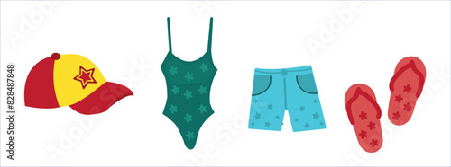 Summer Clothing. Clothing and items for summer season. Seasons vector illustration set