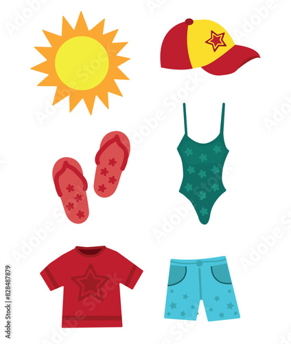 Summer Clothing. Clothing and items for summer season. Seasons vector illustration set