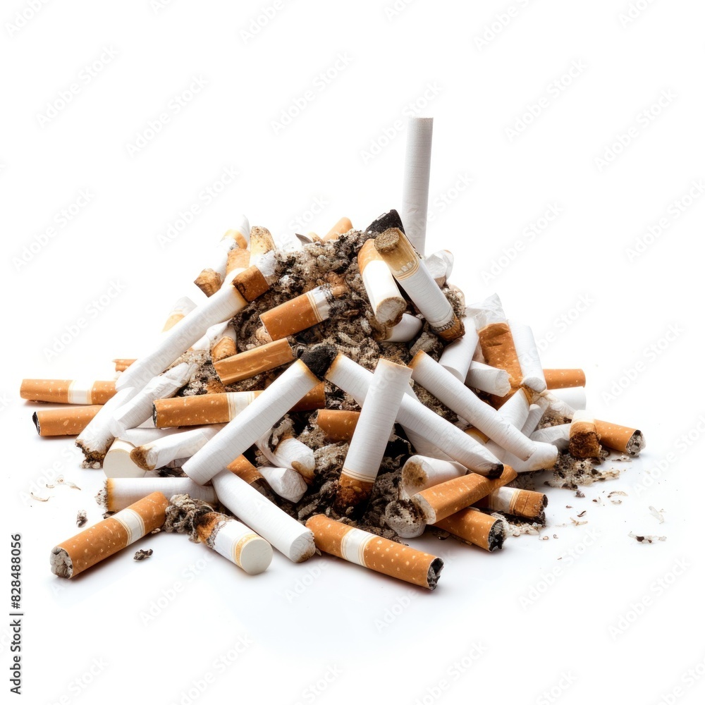 Pile of smoked cigarettes on white background Pile of smoked cigarettes on white background